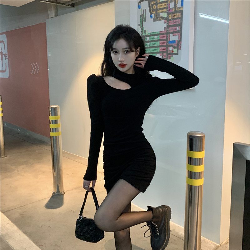實拍~心機辣妹長袖修身露肩連衣裙女顯瘦針織裙秋冬內搭裙