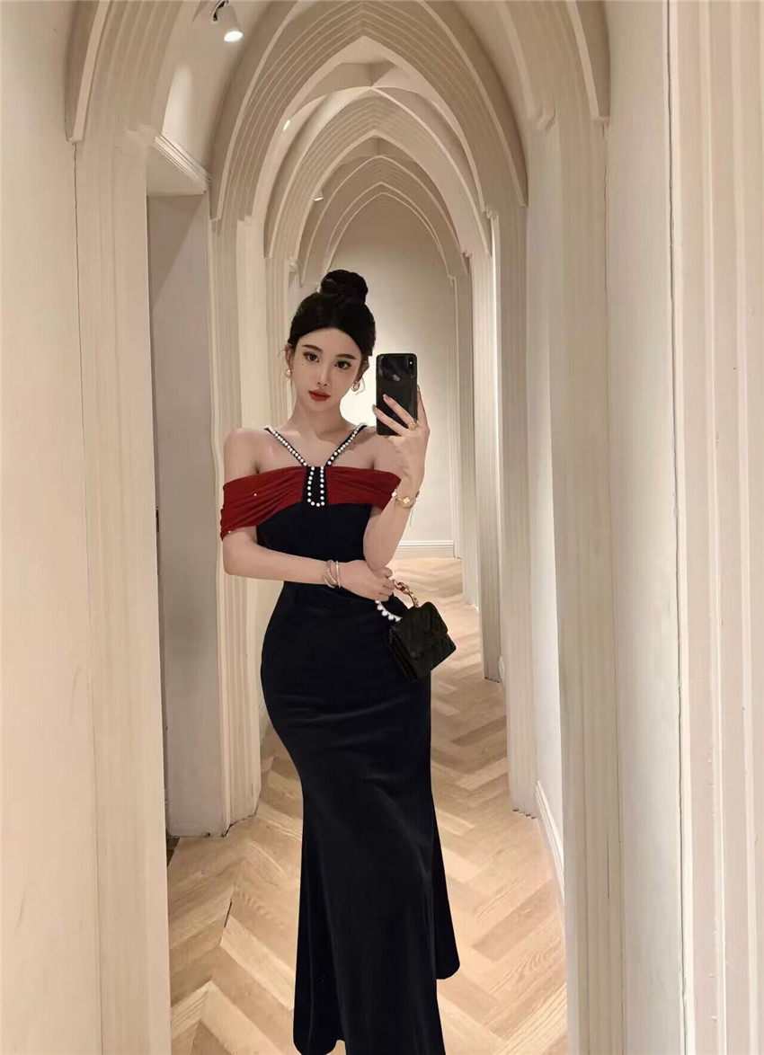 Real shot!  Beaded one-shoulder mesh spliced ​​velvet waist long skirt fishtail evening dress