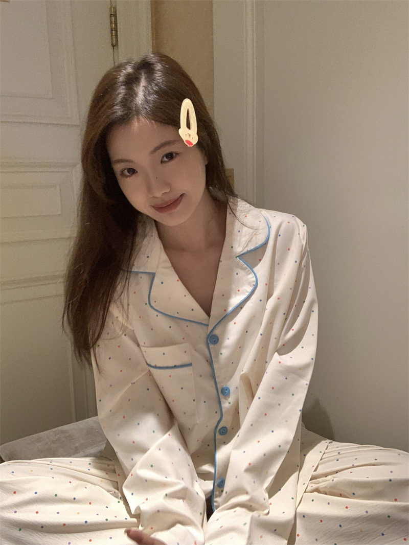 實拍~韓系鬼馬可愛彩色小圓點睡衣長袖長褲套裝家居服
