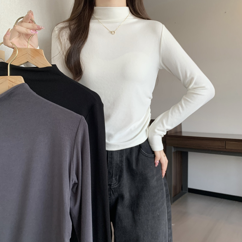 Real shot of large size autumn and winter semi-turtle collar solid color bottoming shirt niche pleated covering the flesh and slimming long-sleeved T-shirt