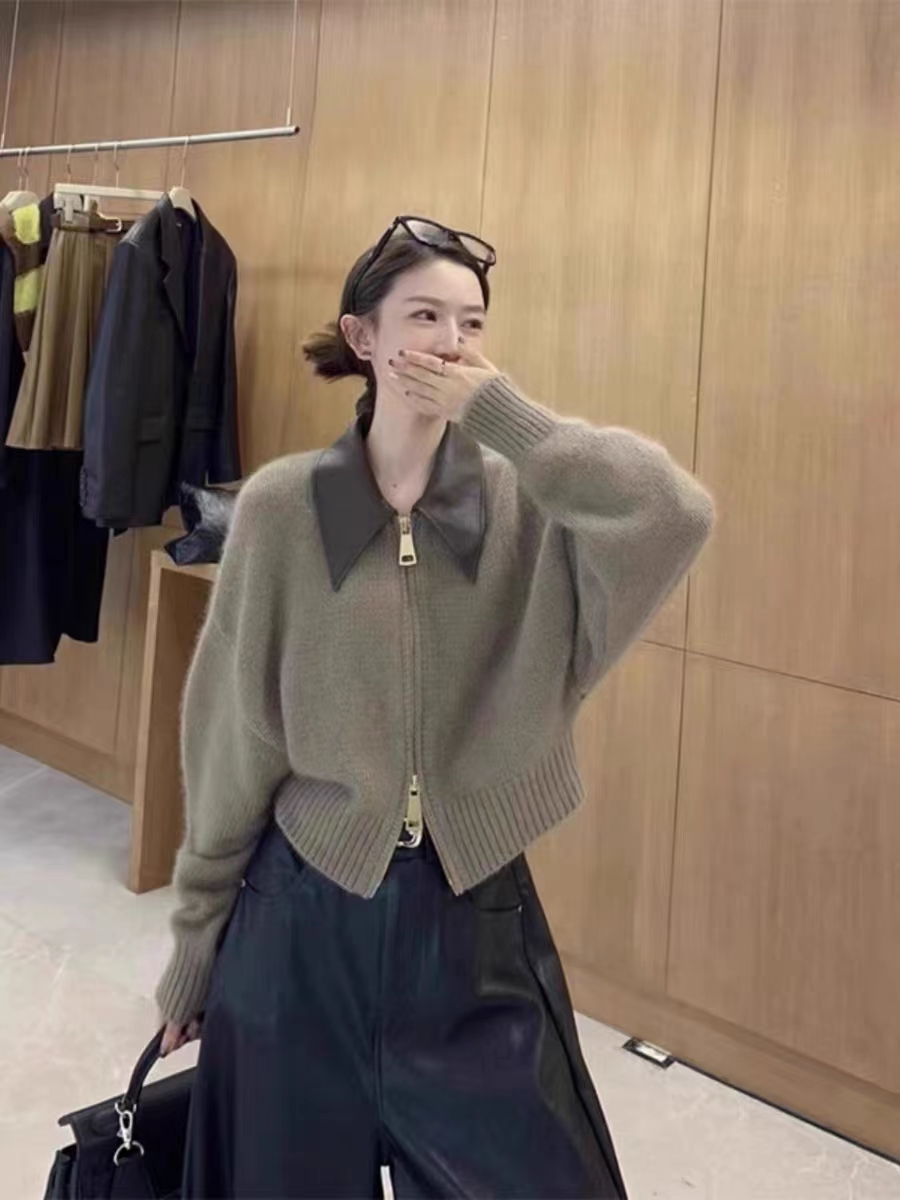 設計感拼皮雙拉鏈針織外套秋女2023時尚名媛洋氣短款軟糯毛衣開衫