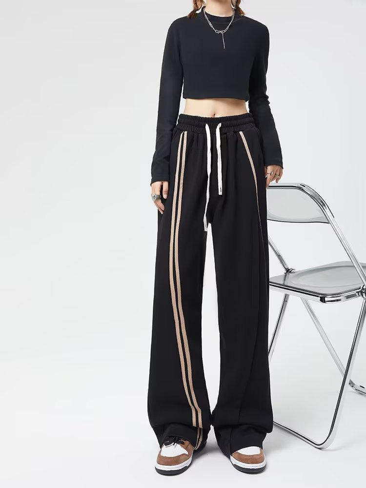 條紋運動褲女2023年早春美式復古hiphop休閒寬鬆垂感闊腿拖地衛褲