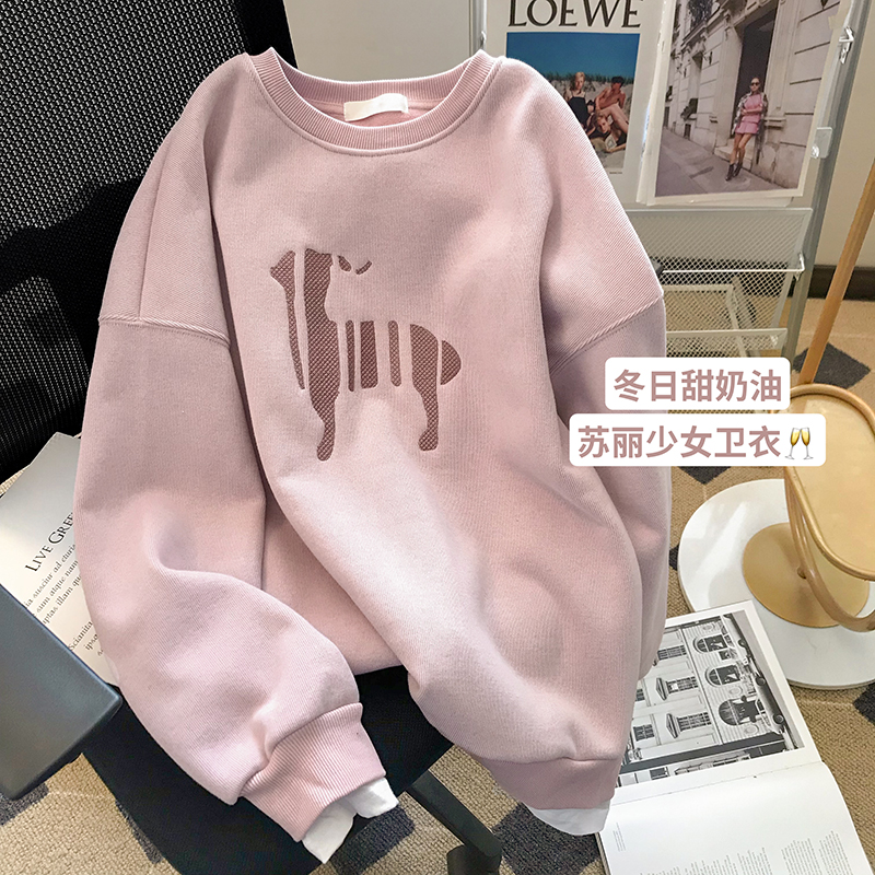 Embroidered round neck plus velvet pullover sweatshirt for women 2023 autumn and winter new style loose casual versatile long-sleeved top