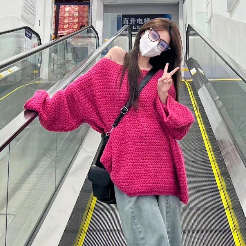 韓系甜美樹莓色露肩毛衣女學生秋冬新款慵懶風寬鬆菠蘿紋針織衫潮