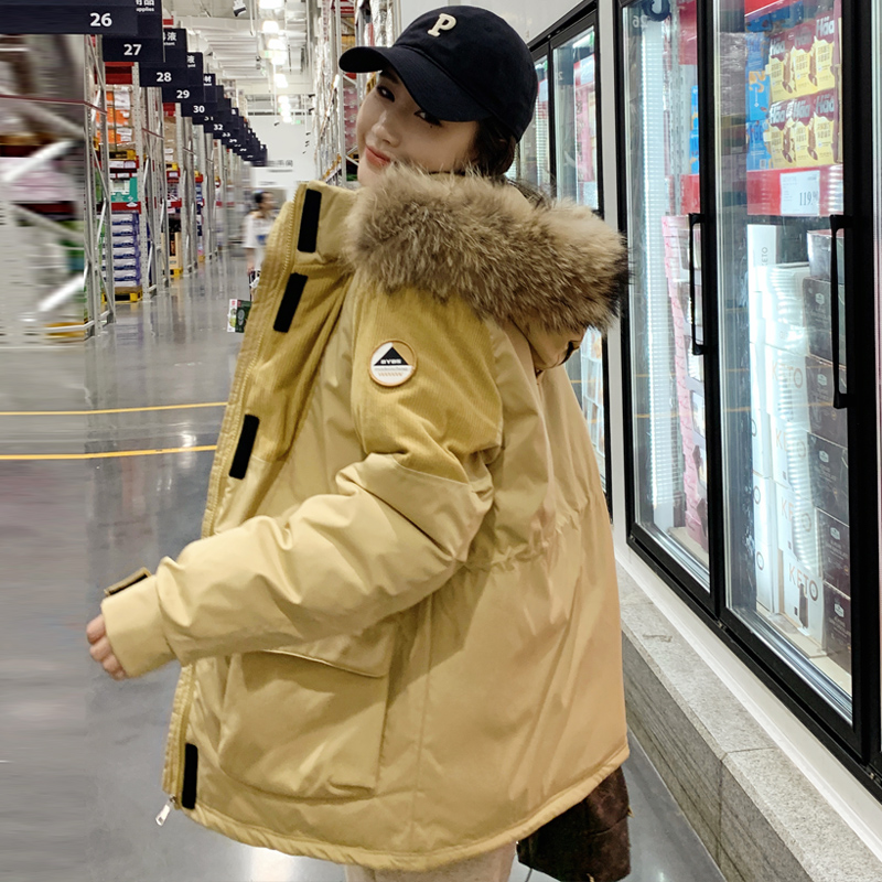 Couple's workwear down jacket for women 2023 new mid-length genuine fur collar thickened pie jacket winter coat