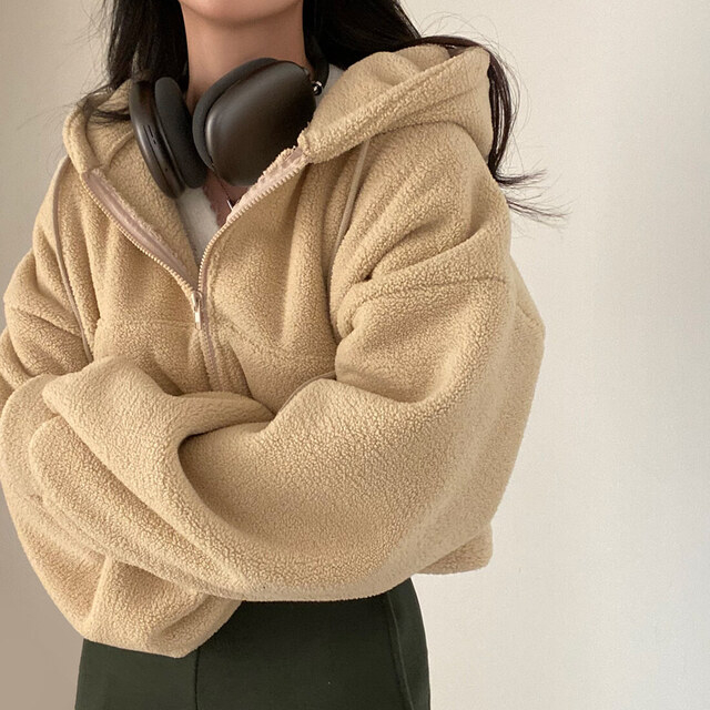 Lamb fleece jacket for women 2023 autumn and winter thickened warm furry jacket zipper hooded lamb jacket