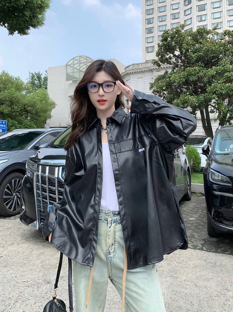 Hong Kong style retro black leather jacket for women 2023 autumn new jacket American style sweet and cool motorcycle jacket top