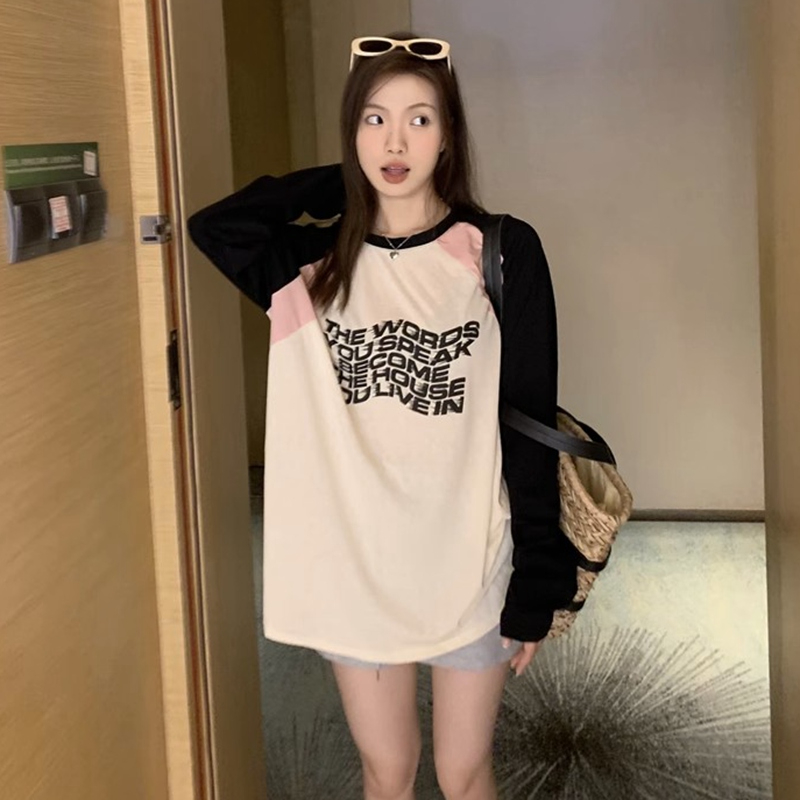 官圖6535拉架棉 印花撞色圓領長袖T恤中長款寬鬆百搭上衣女