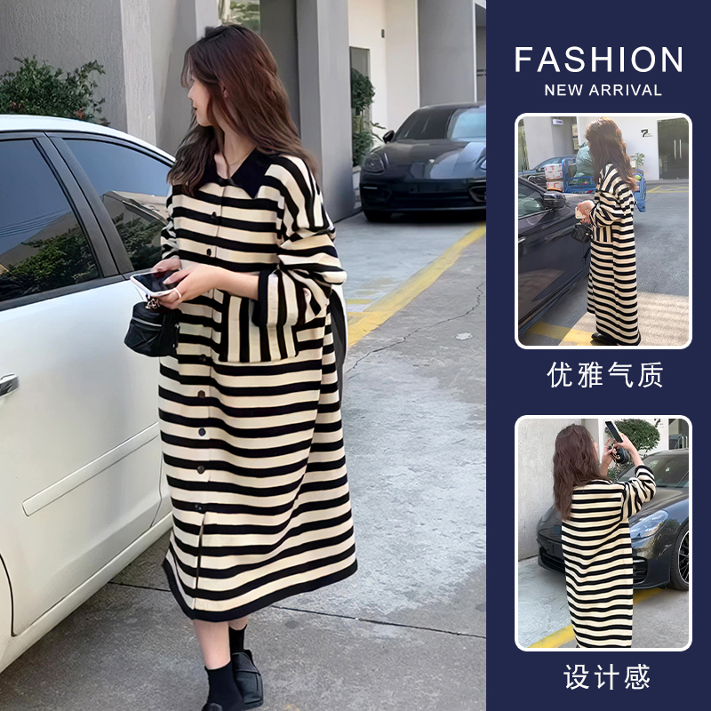 秋冬裝大碼女裝polo領時尚寬鬆條紋針織中長款連衣裙L-4XL200斤