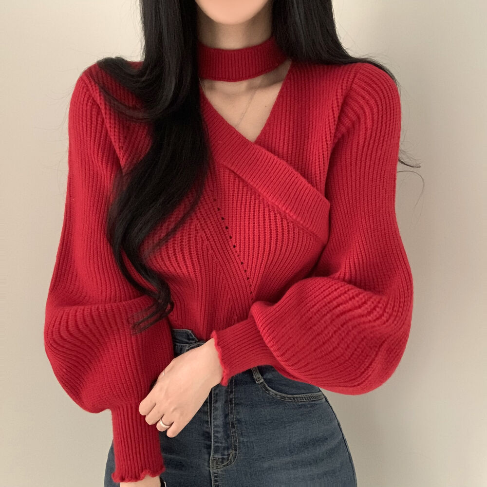 已八載 不規則斜領掛脖燈籠袖毛衣韓版慵懶寬鬆短款針織衫女