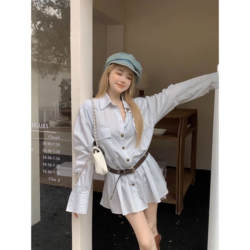 Loose Korean style polo collar shirt dress for women autumn design long-sleeved shirt skirt waist A-line skirt