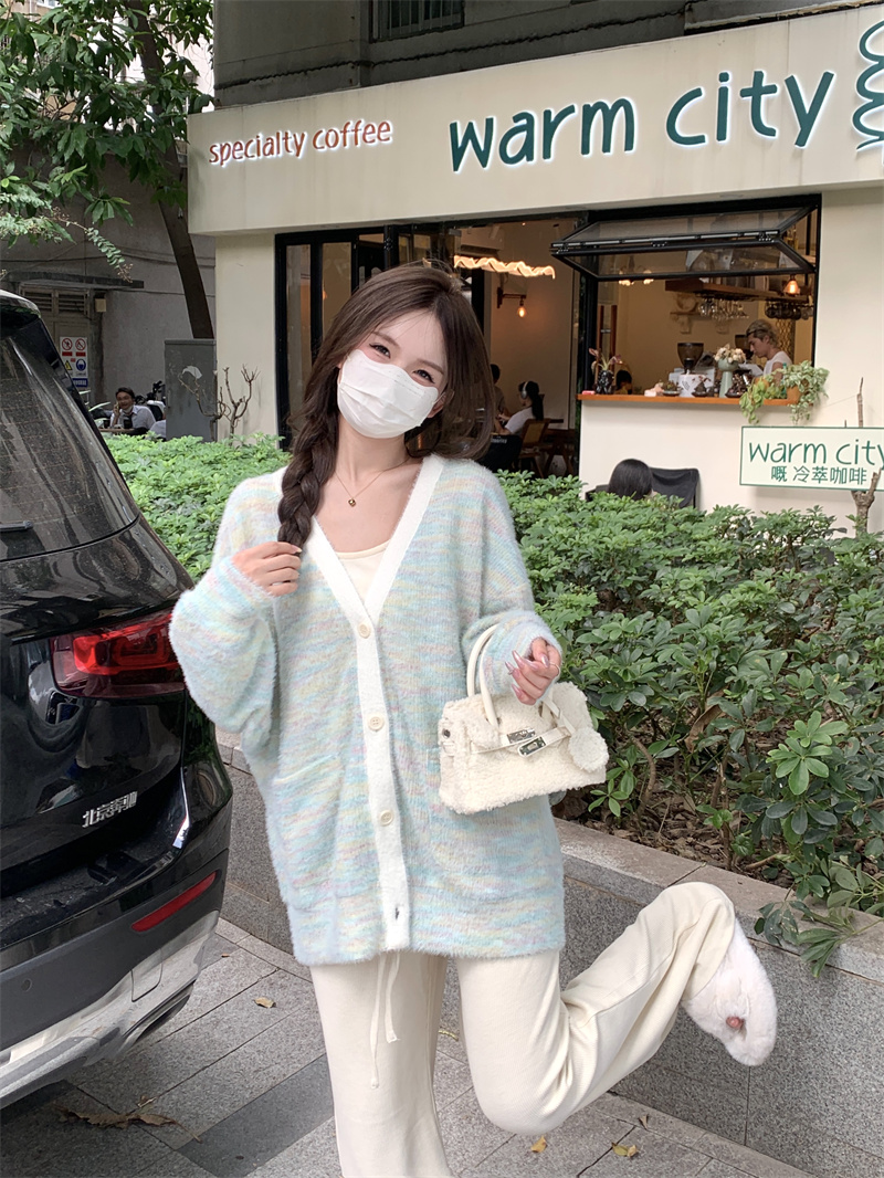 實拍~撞色長袖開衫外套女春秋款V領寬鬆上衣