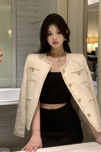 ~ new autumn style French socialite foreign-style tweed small fragrance round neck single-breasted jacket