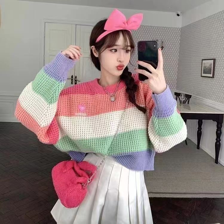 軟糯風彩虹條紋毛衣女2023秋冬新款慵懶風寬鬆長袖針織衫短款上衣