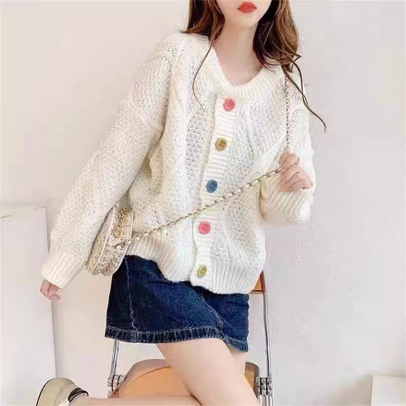 Autumn and winter Korean style design colorful button twist loose cardigan versatile long-sleeved knitted sweater