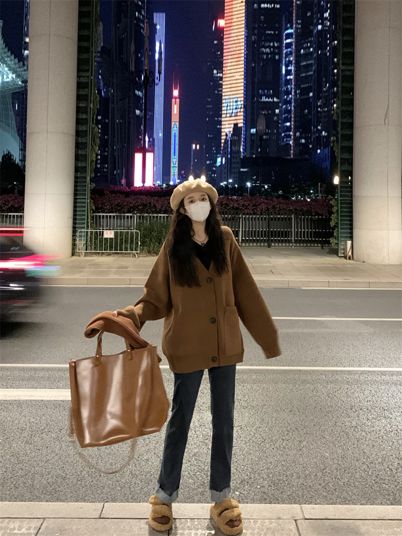 實拍~秋冬新品寬鬆保暖口袋純色百搭針織開衫毛衣外套上衣女