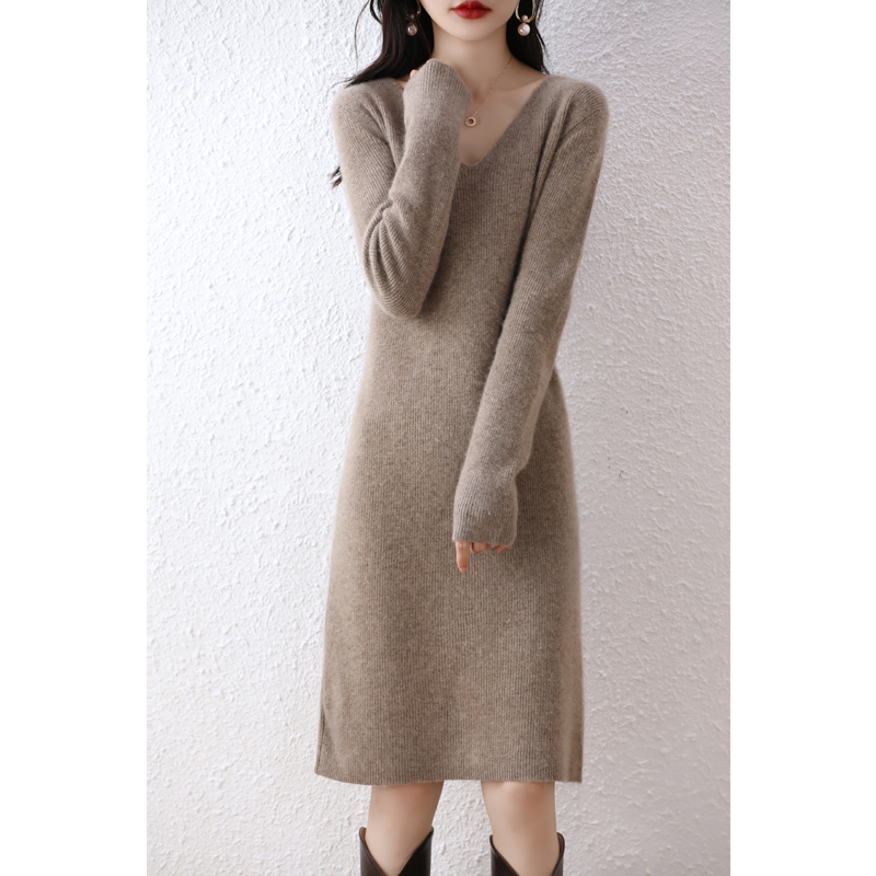100_Pure wool sweater women's knitted dress mid-length V-neck slim sweater winter cashmere knee-length temperament long skirt