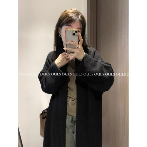 OULS lapel knitted jacket  new Korean style commuting mid-length long-sleeved lazy style sweater knitted jacket