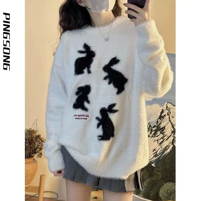 仿貂#日系甜妹兔子白色毛衣女2023秋季設計感慵懶寬鬆小個子減齡