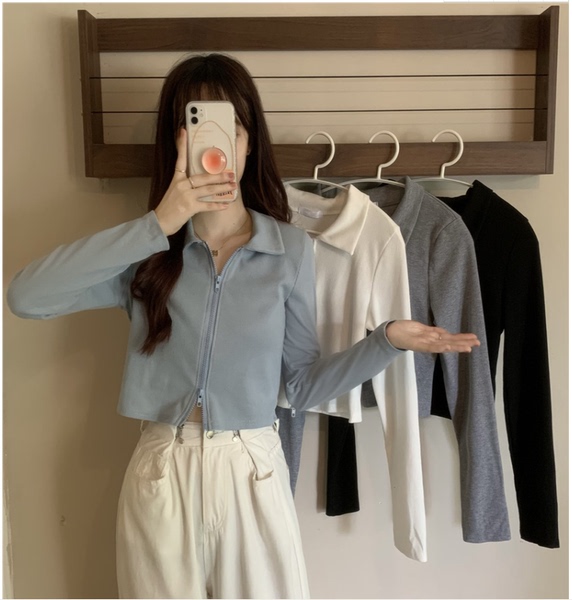 韓版設計polo領雙拉鏈開衫長袖t恤女ins超火設計感短款露臍上衣