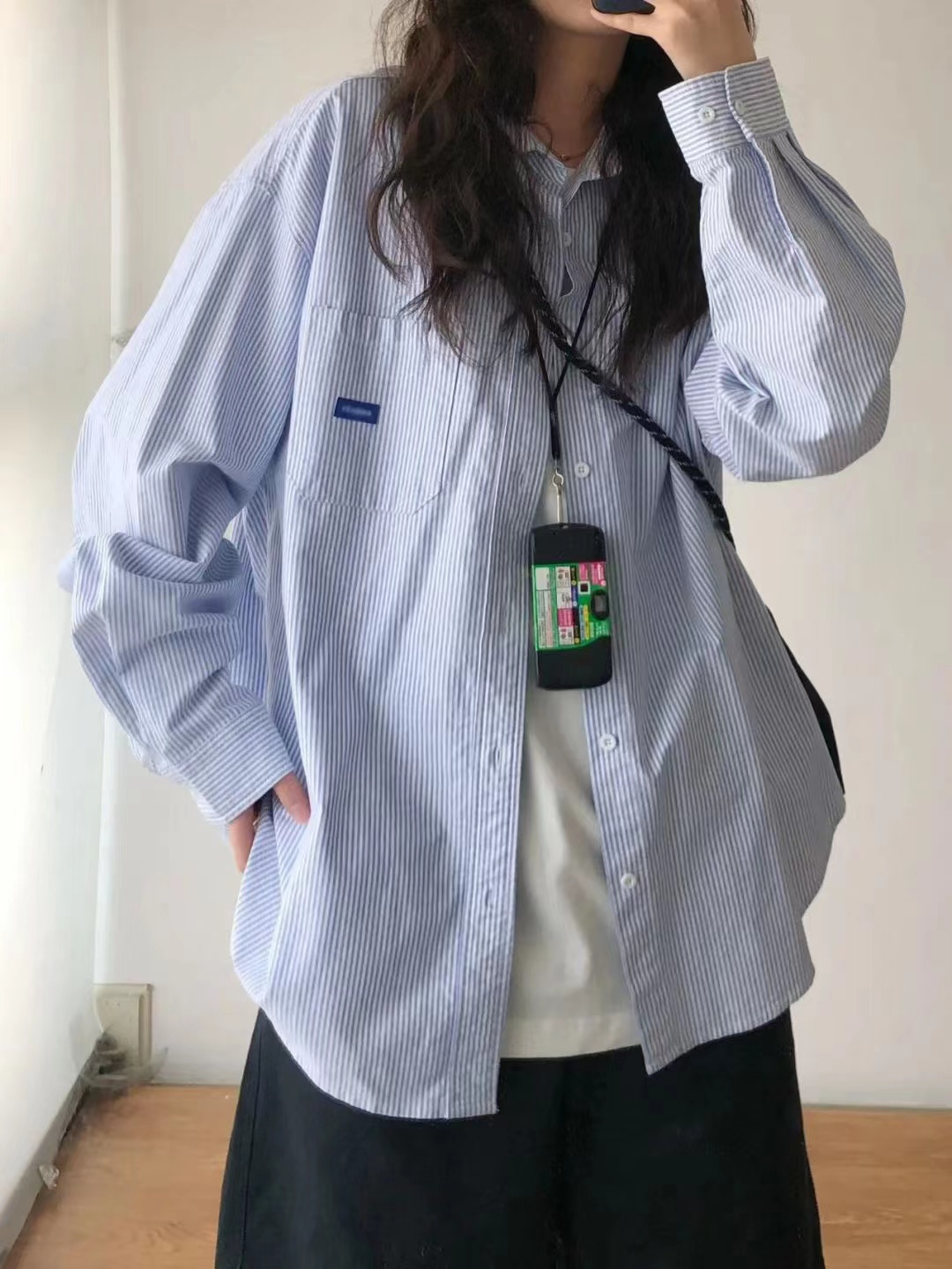 日系藍色條紋襯衫2023年新款秋冬內搭打底上衣外套春季女裝襯衣女