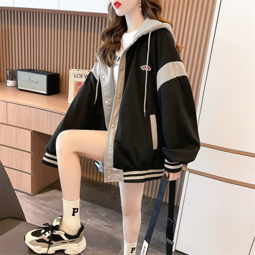 First real shot of Chinese cotton composite shell velvet Korean version loose large size splicing jacket hooded plus velvet sweatshirt for women