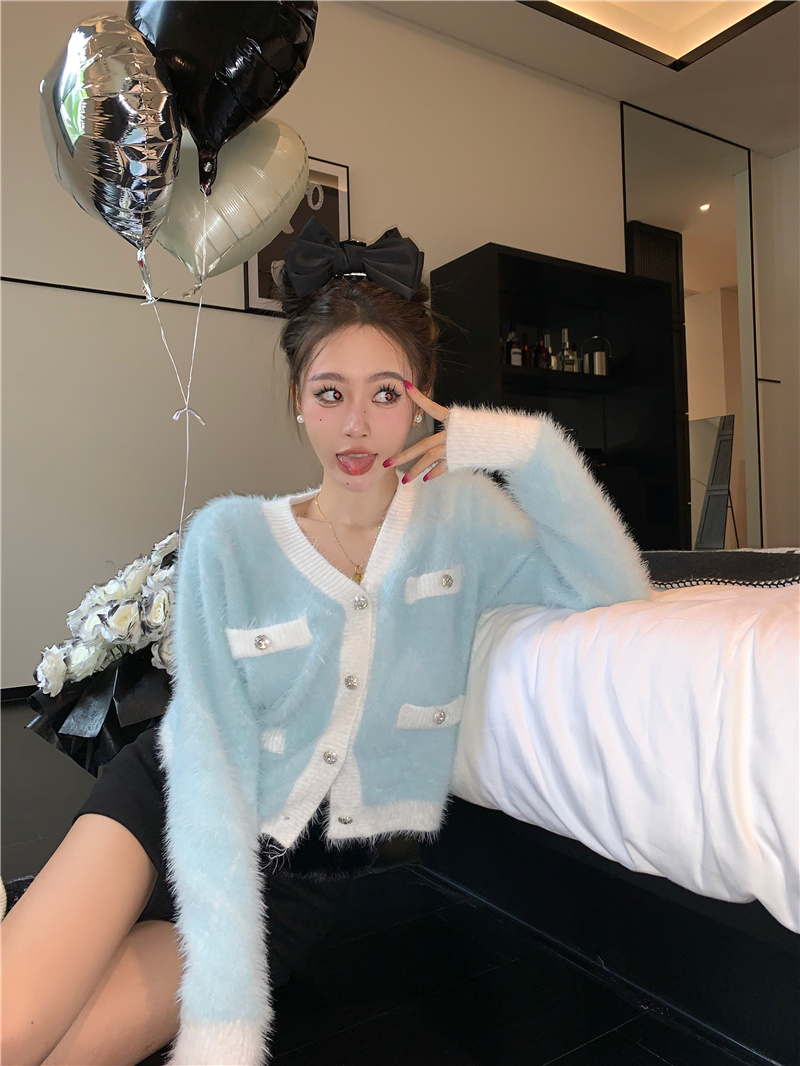 實拍 名媛風高級感小香風水貂絨撞色毛衣開衫