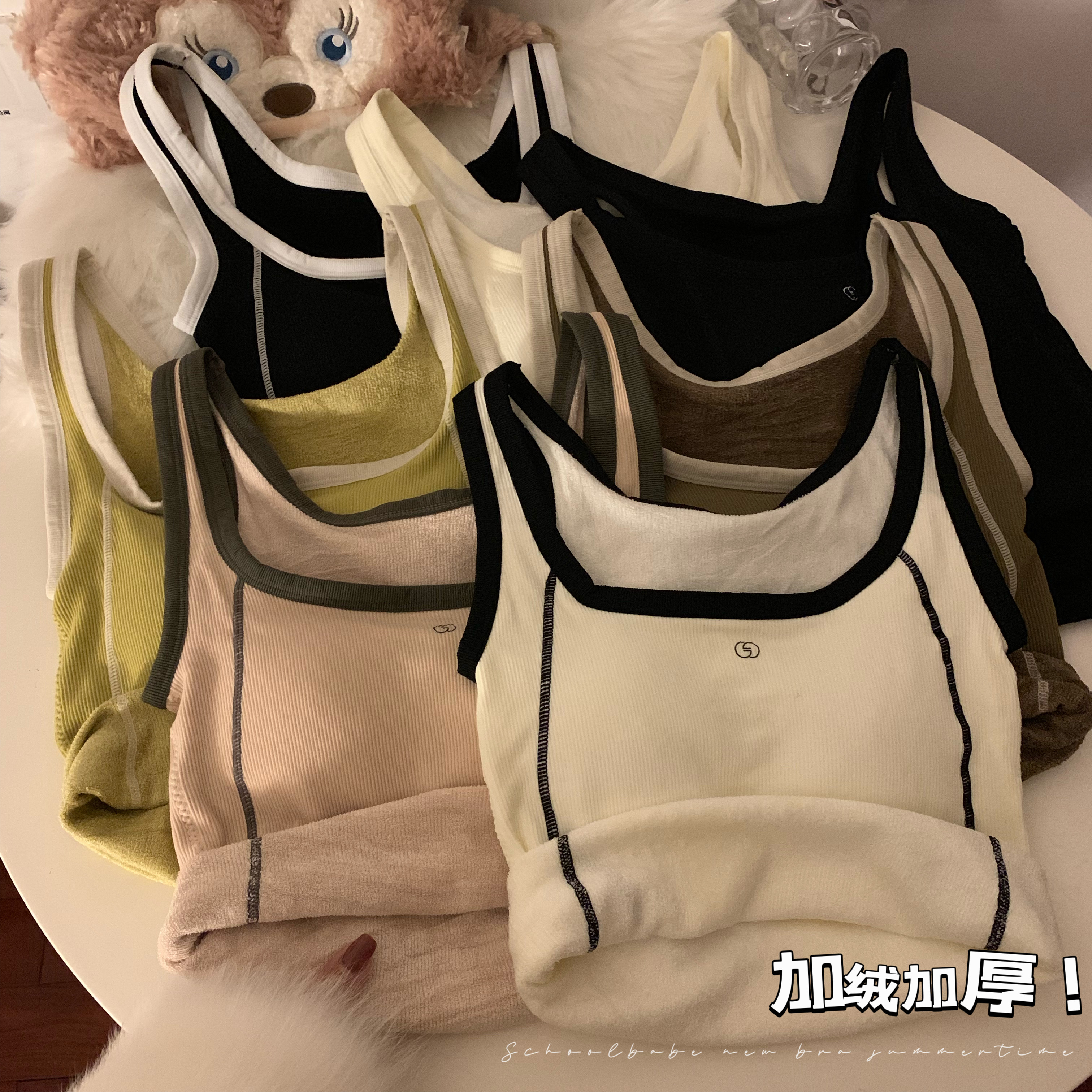 Actual shot of autumn and winter simple printed velvet thickened close-fitting inner wear with chest pad thermal vest bottoming shirt for women
