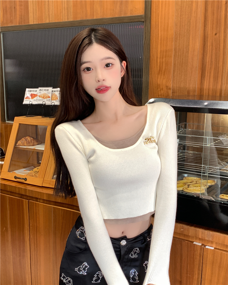 實拍 假兩件U領設計感小眾秋季修身顯瘦純欲風上衣