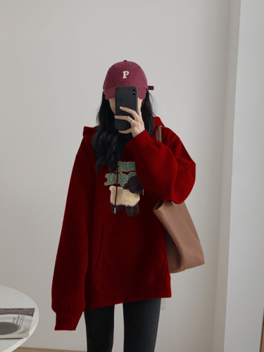 Velvet hooded sweatshirt women's  autumn and winter new style burgundy hiphop loose lazy style top