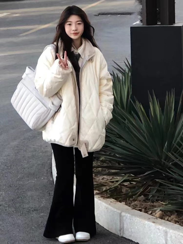 2023 winter new American student Korean cotton clothing women's quilted cotton coat rhombus cotton jacket oversize trendy