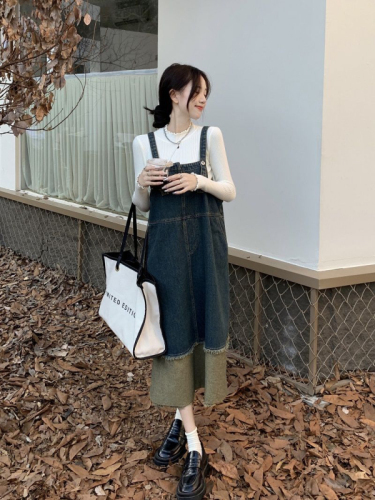Autumn and winter dress women's design contrasting color high-end retro style French petite denim suspender long skirt