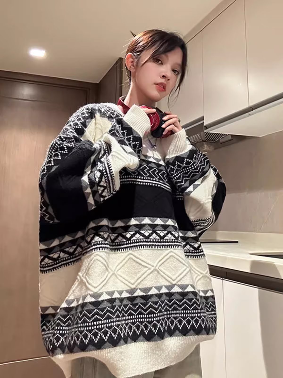 撞色條紋圓領毛衣女秋冬季高級感慵懶風外套寬鬆日系復古針織新款