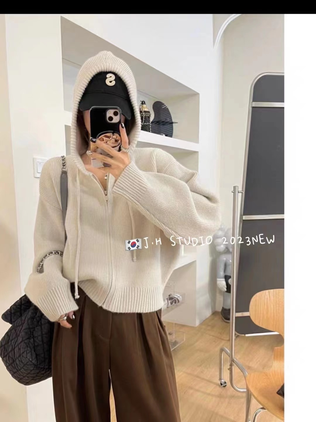 Mmao design zipper hooded sweater cardigan coat women's loose autumn new short knitted top thickened