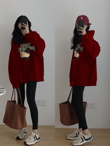 Velvet hooded sweatshirt women's  autumn and winter new style burgundy hiphop loose lazy style top