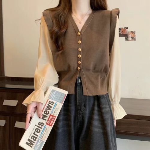  MM new autumn style puff sleeve ruffled V-neck knitted cardigan spliced ​​fake two-piece long-sleeved top trendy~