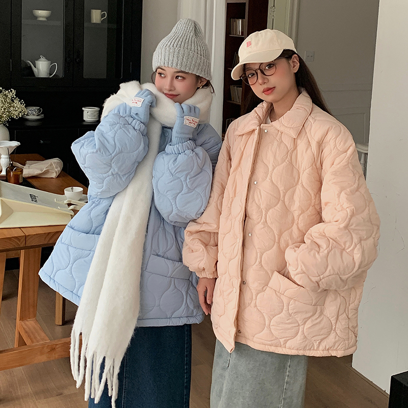 Real shot of dopamine colorful rhombus cotton coat for women retro coat bread coat loose inner bottom lamb wool Korean style winter coat