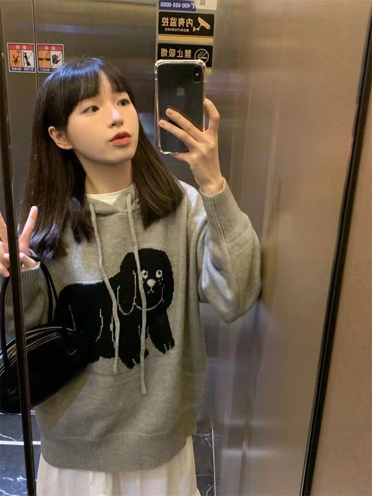 American retro lazy puppy jacquard pullover hooded women's autumn and winter new oversize sweater top jacket