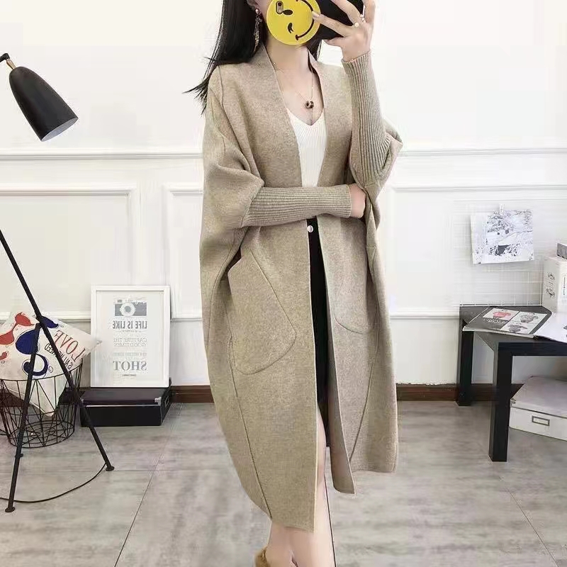 2023秋季新款韓版開衫女中長碼款蝙蝠袖外套過膝寬鬆大毛衣針織衫