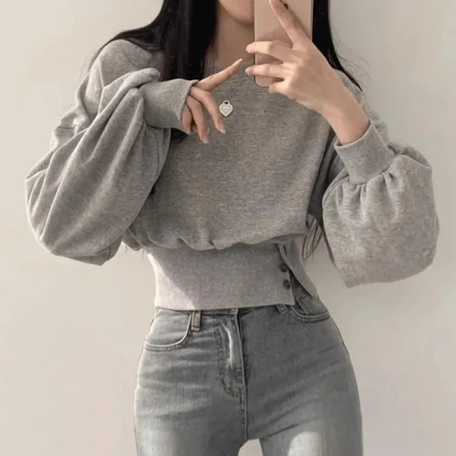 Polyester fish scale Korean autumn niche design round neck buttoned long sleeve short pullover sweatshirt top for women