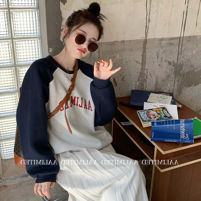 美式無帽插肩長袖圓領衛衣女2023春秋小個子慵懶chic港味正肩上衣