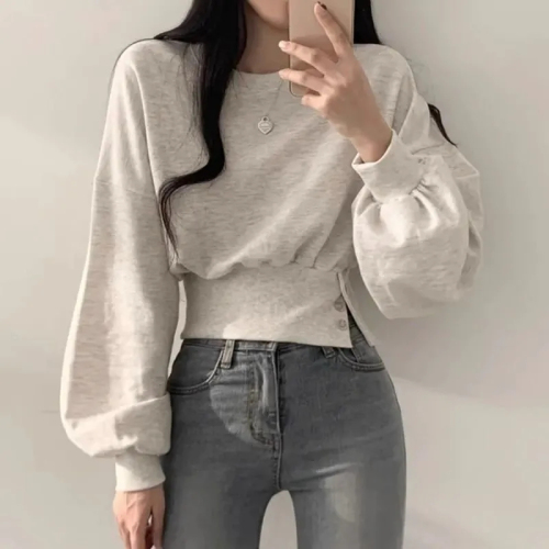 Polyester fish scale Korean autumn niche design round neck buttoned long sleeve short pullover sweatshirt top for women