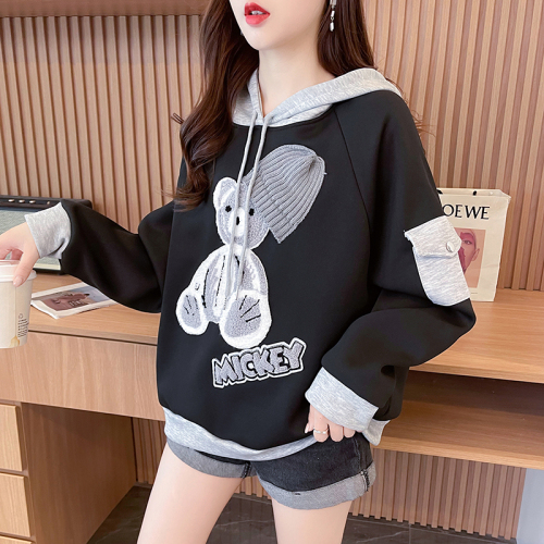 First real shot of 370g Chinese cotton shell velvet niche contrasting color hooded sweatshirt for women autumn and winter new small top