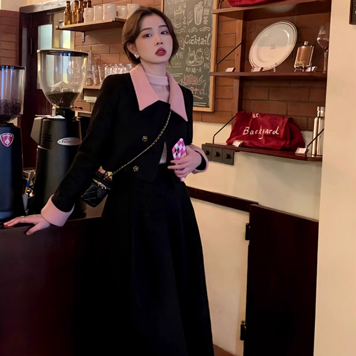 Korean version of sweet lady autumn and winter color matching fashionable temperament small fragrant small dress two-piece suit salt style light mature style girl