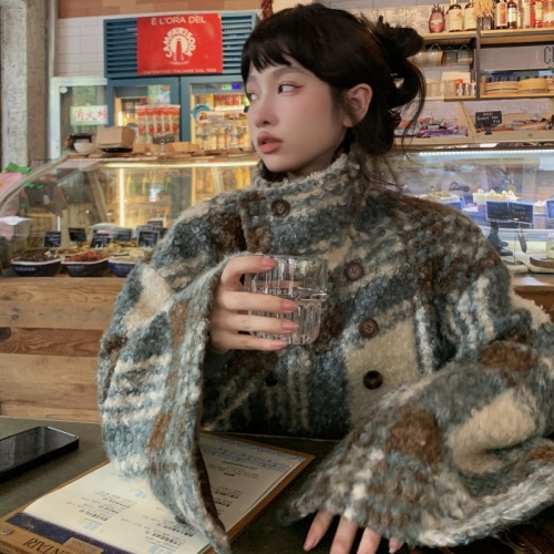 FunnJ Fangji Chuxue Smurf retro design plaid short woolen coat women's thickened woolen coat