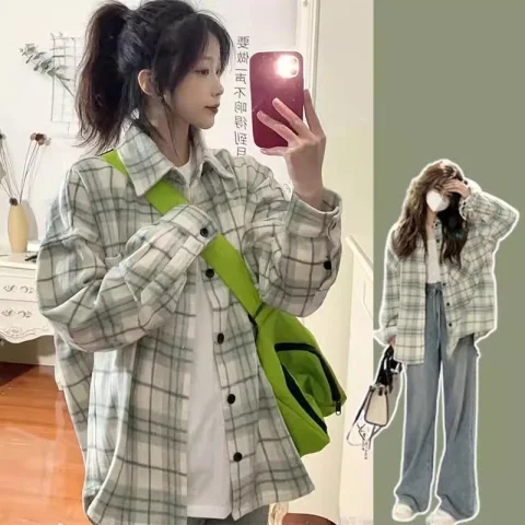 美式oversize寬鬆慵懶風設計感polo衫女磨毛加厚綠色格子長袖襯衫