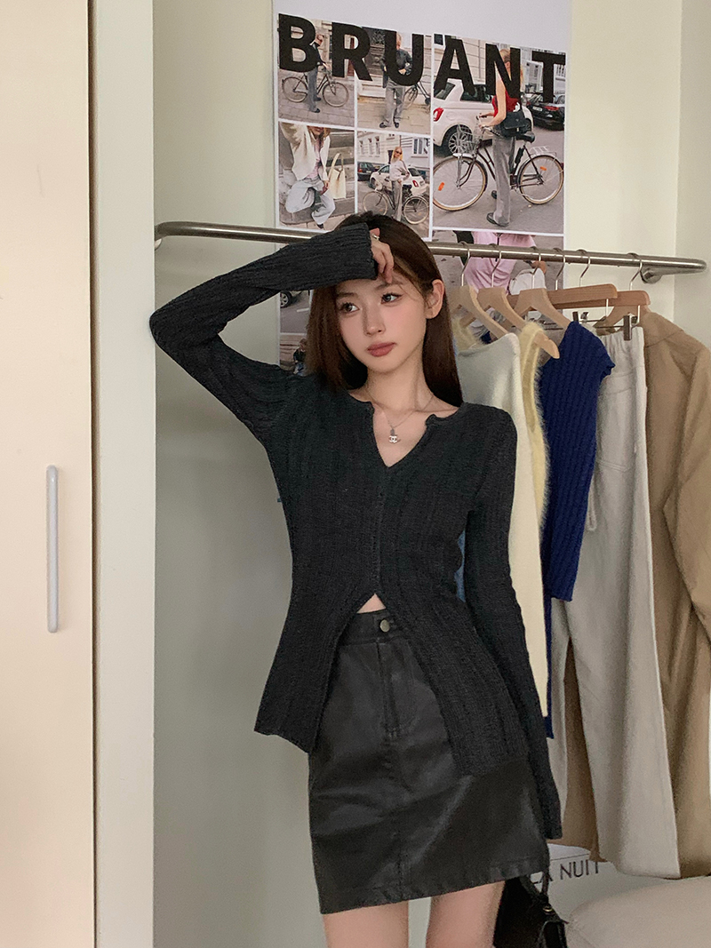 實拍 三標齊 韓版小眾設計感V領開叉修身顯瘦百搭針織上衣女