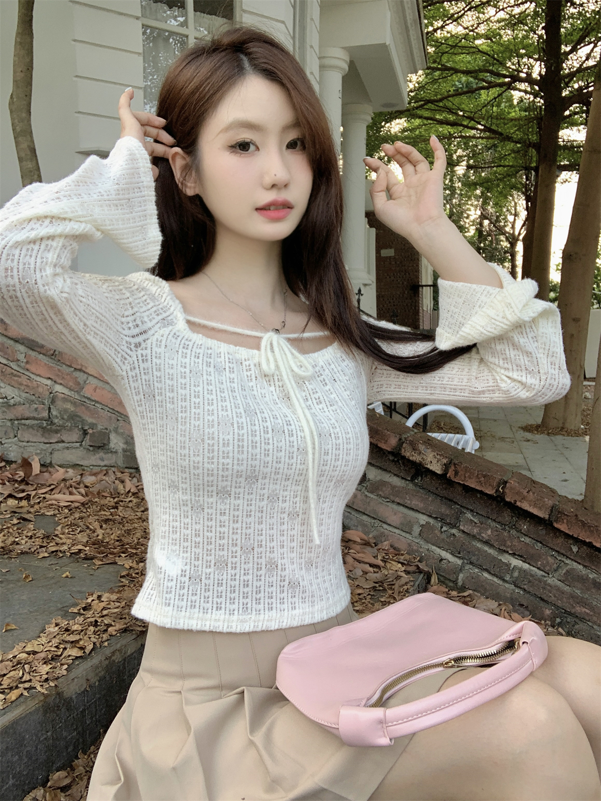 實拍# 秋季設計感小眾修身打底方領長袖短款上衣女