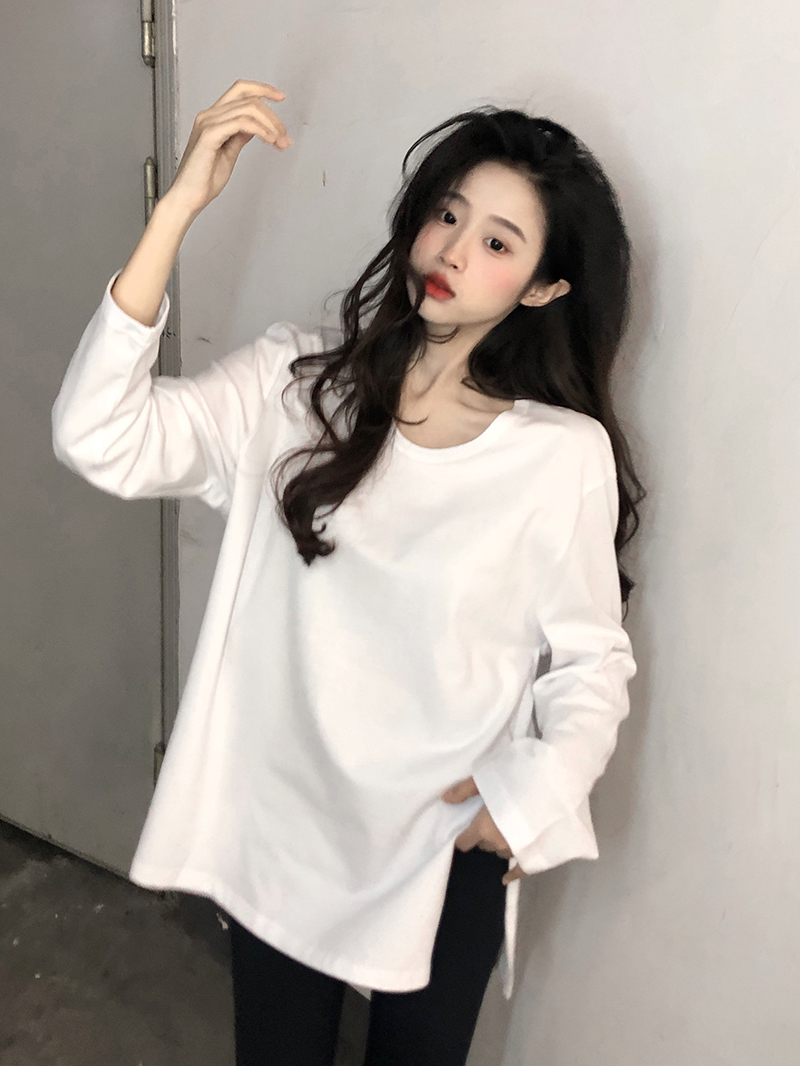 實拍~德絨加厚白色T恤女開叉U領長袖加絨打底衫