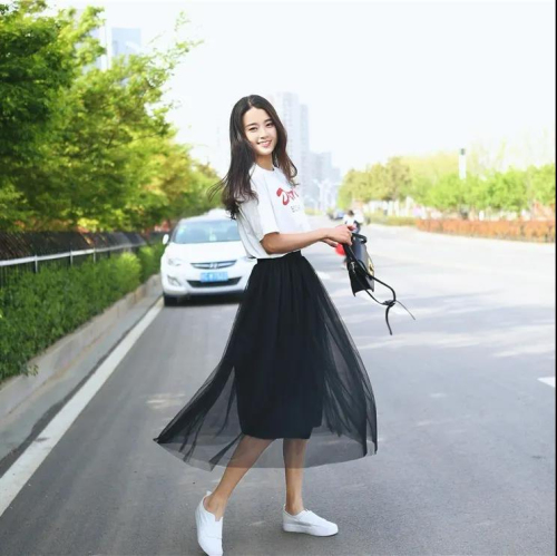  Spring and Autumn New Irregular Mid-Length College Style Skirt Spring and Autumn High Waist A-Line Mesh Long Skirt